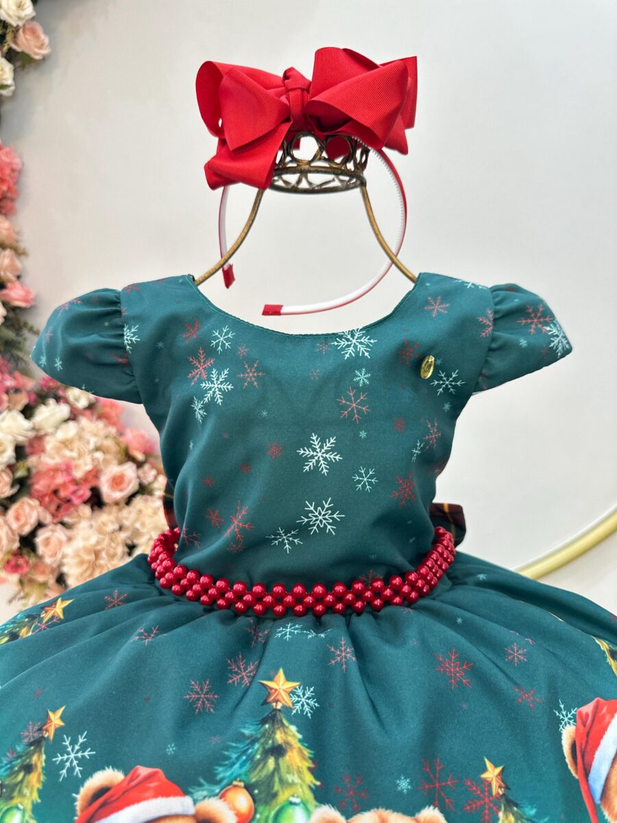 Vestido Infantil de Natal Ursinhos Verde Bandeira