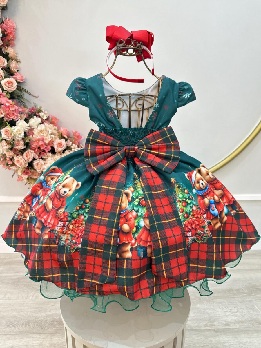 Vestido Infantil de Natal Ursinhos Verde Bandeira