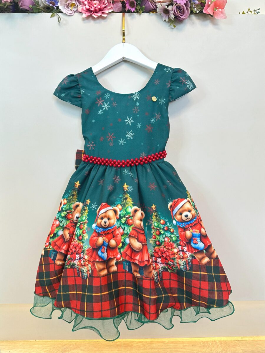 Vestido Infantil de Natal Ursinhos Verde Bandeira