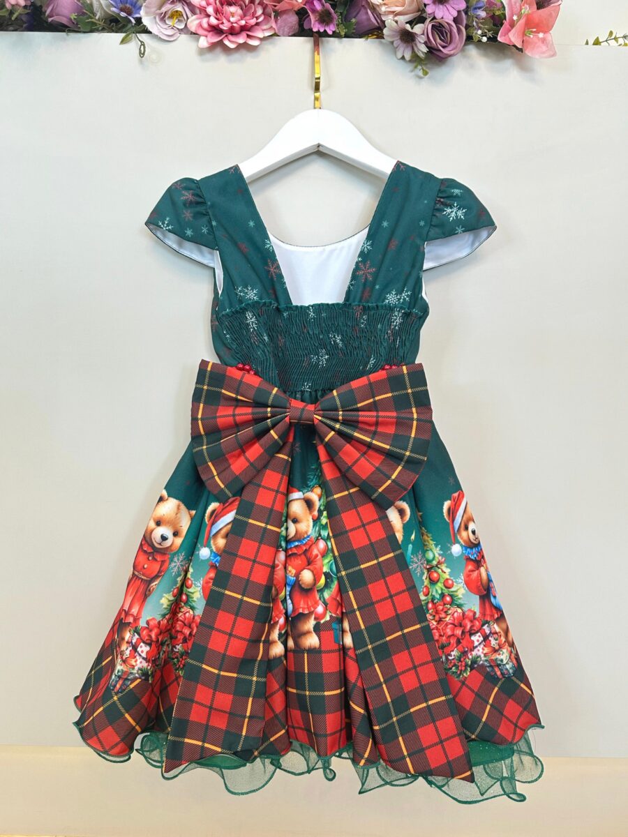 Vestido Infantil de Natal Ursinhos Verde Bandeira