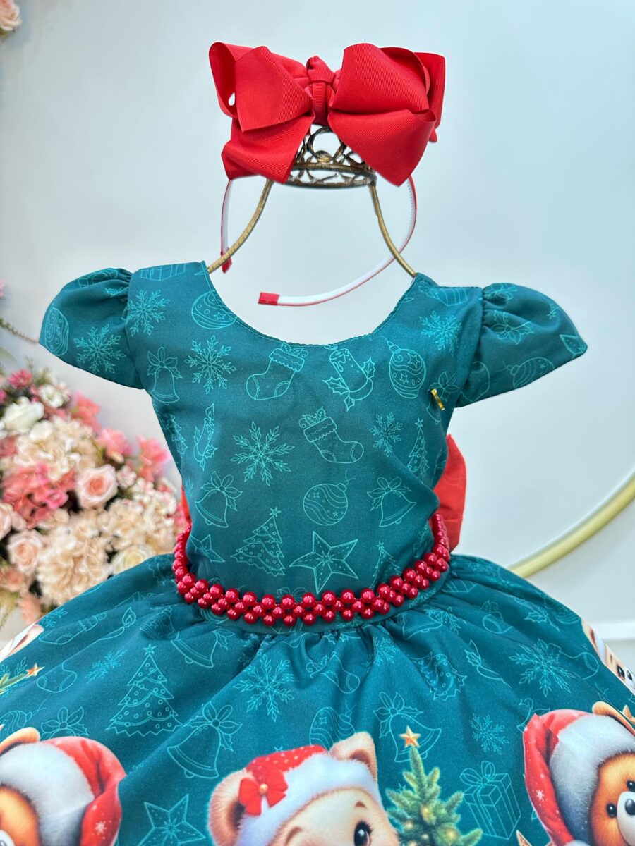 Vestido Infantil Verde Bandeira Ursinhos Festa de Natal