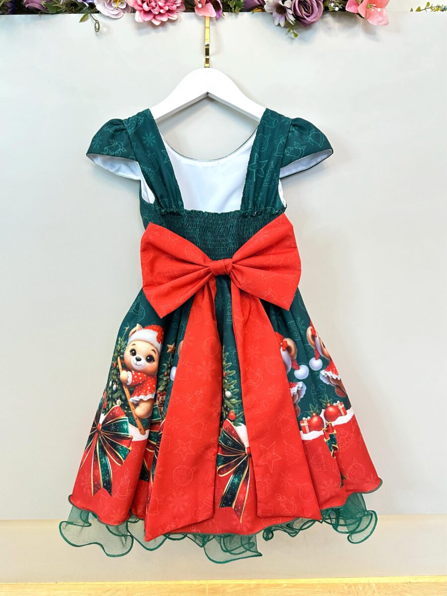Vestido Infantil Verde Bandeira Ursinhos Festa de Natal