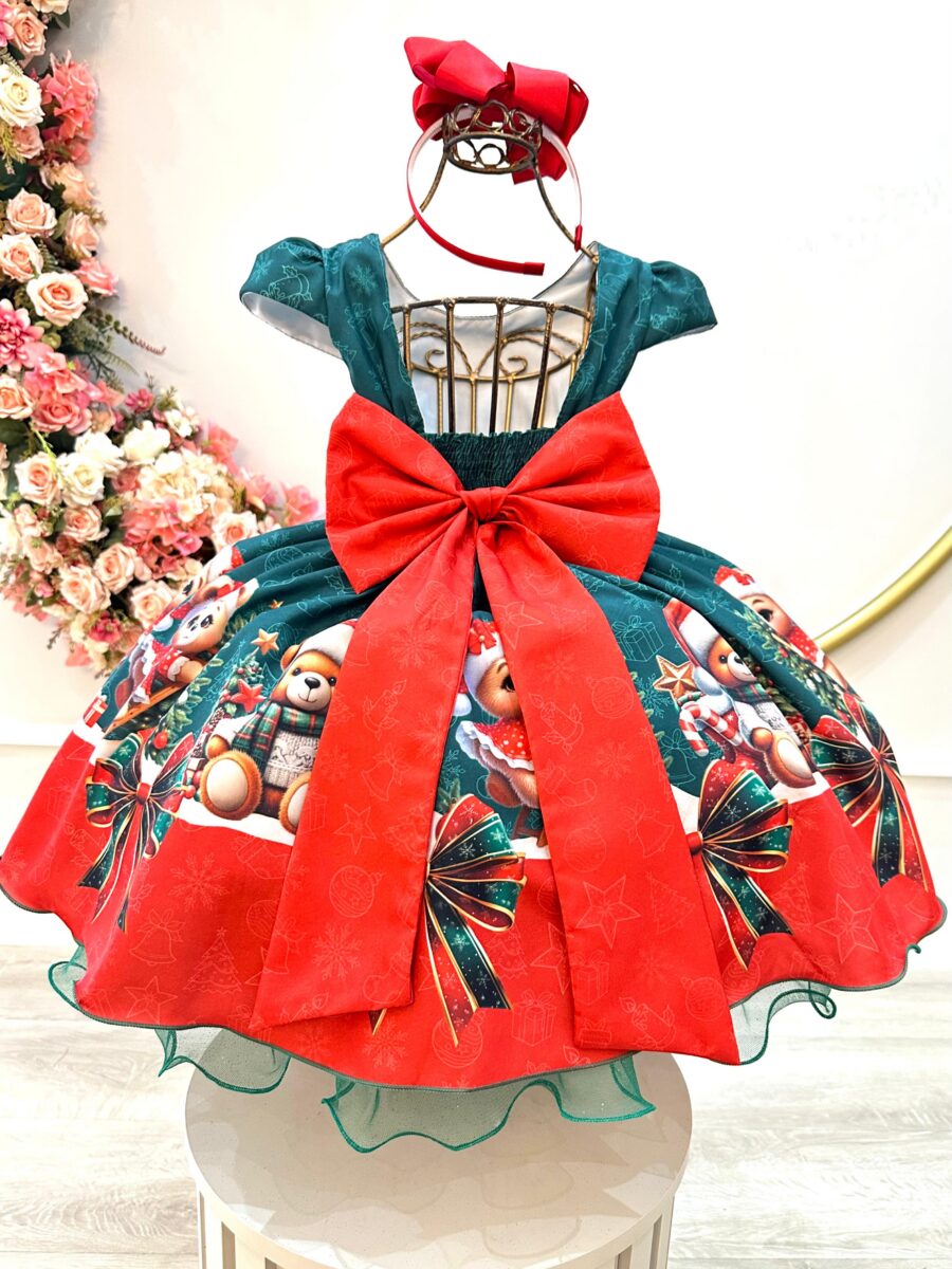 Vestido Infantil Verde Bandeira Ursinhos Festa de Natal