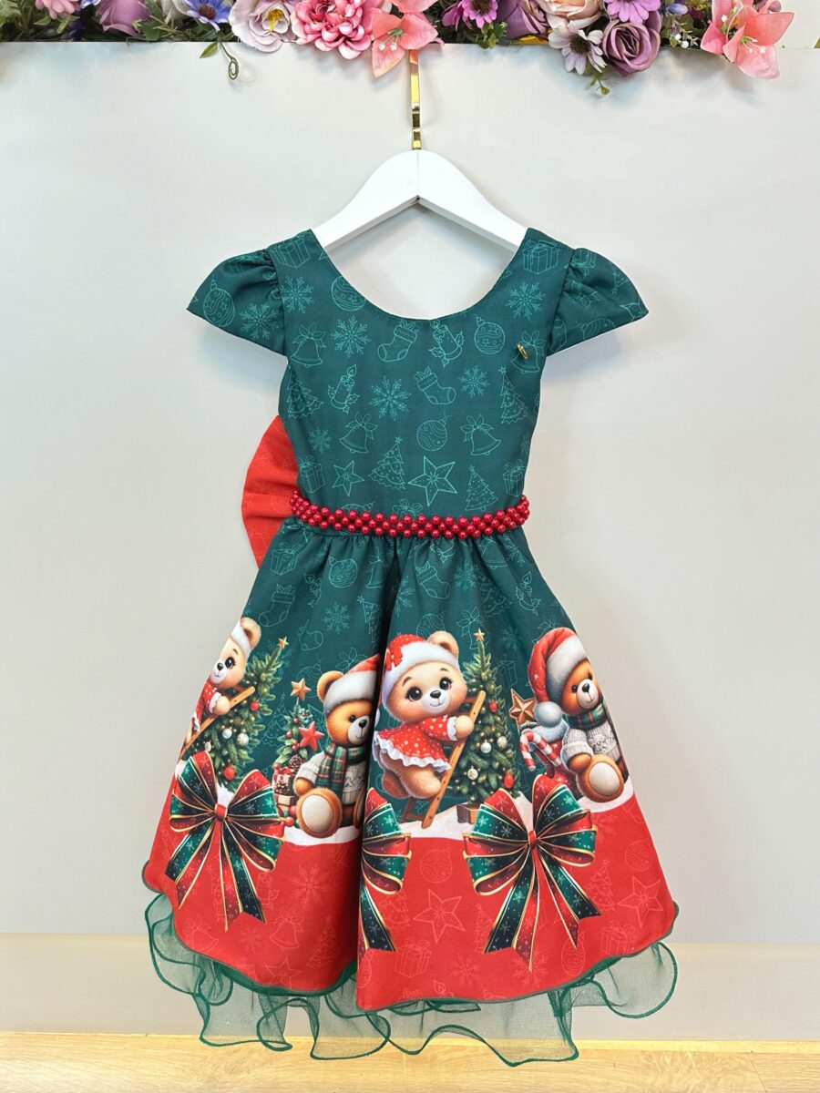 Vestido Infantil Verde Bandeira Ursinhos Festa de Natal