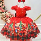 Vestido Infantil Vermelho Ursinhos Festa de Natal