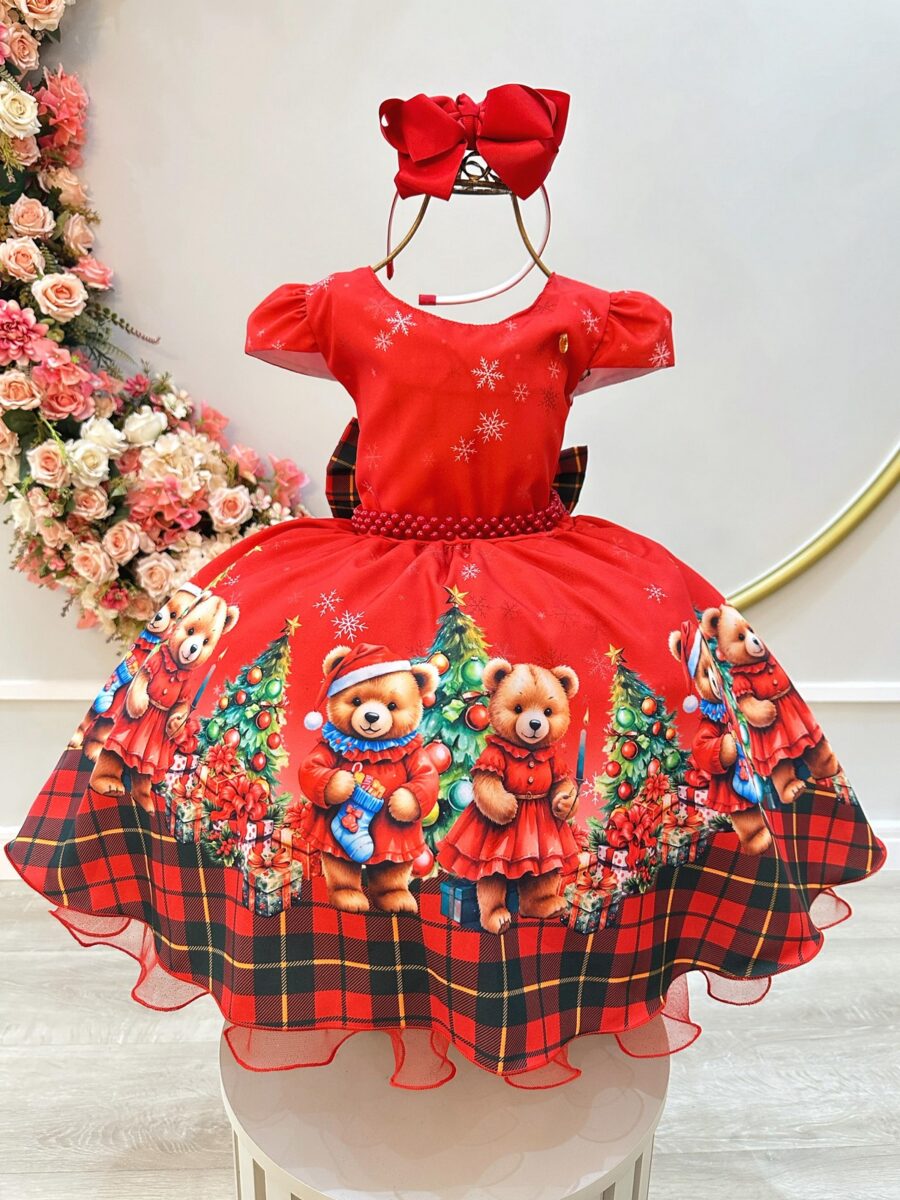 Vestido Infantil Vermelho Ursinhos Festa de Natal