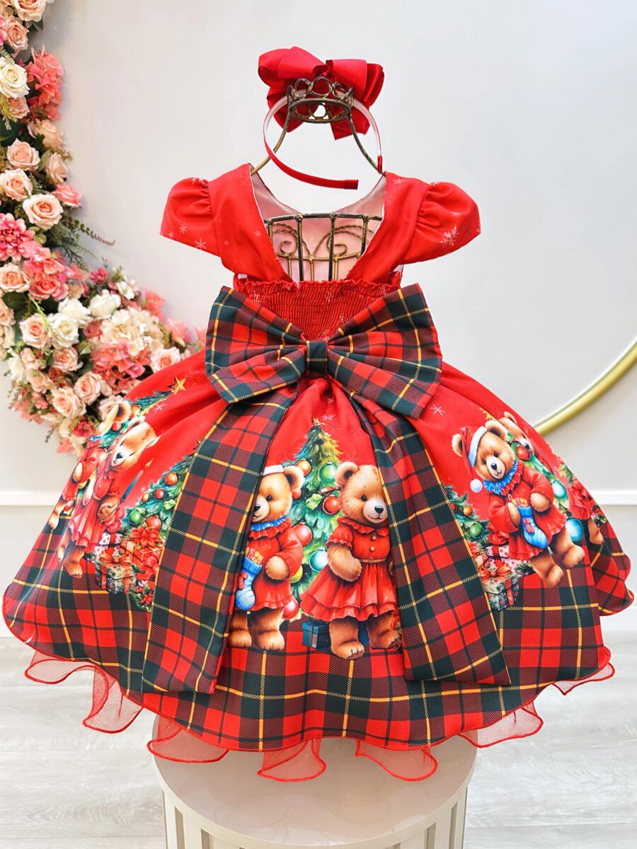 Vestido Infantil Vermelho Ursinhos Festa de Natal