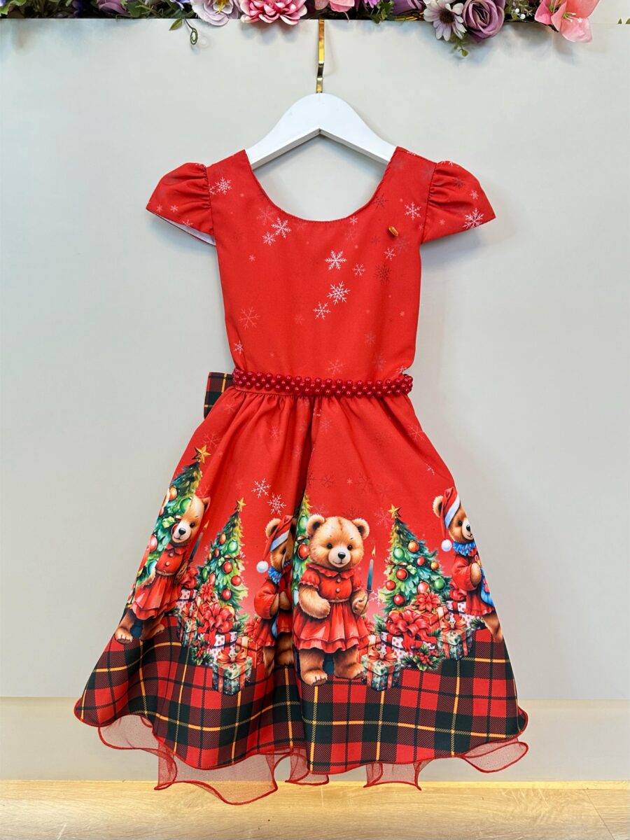 Vestido Infantil Vermelho Ursinhos Festa de Natal