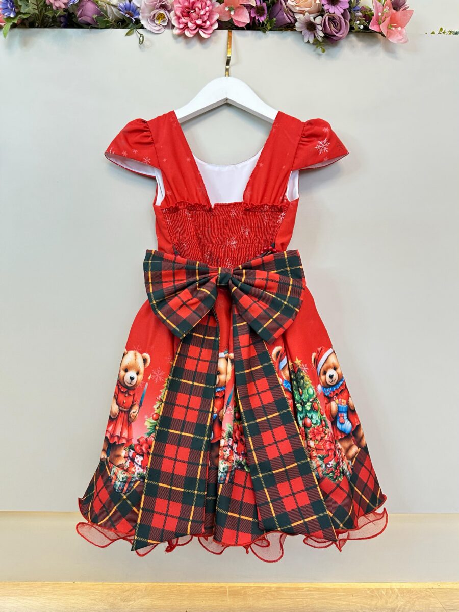 Vestido Infantil Vermelho Ursinhos Festa de Natal