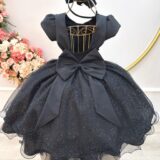 Vestido Infantil de Festa Preto Busto Nervura Daminha
