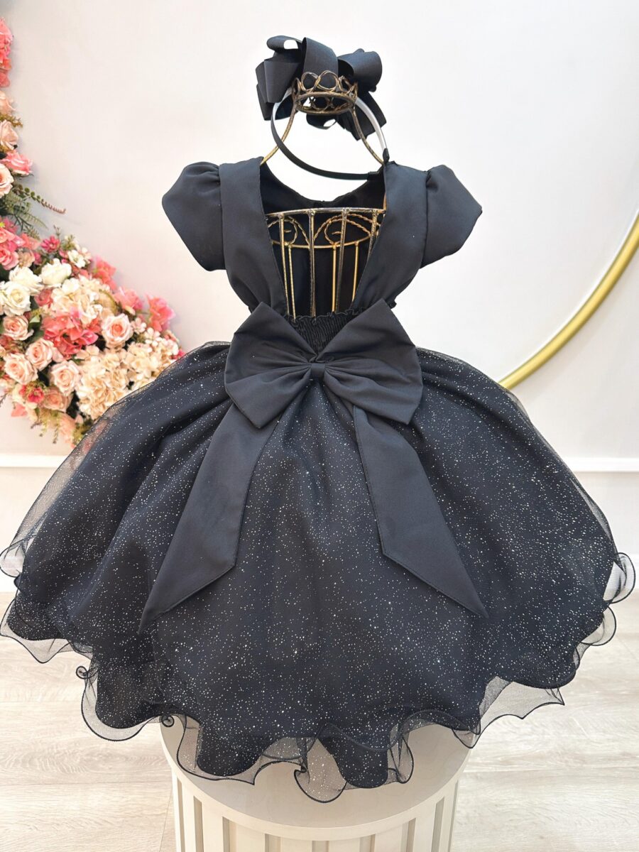 Vestido Infantil de Festa Preto Busto Nervura Daminha