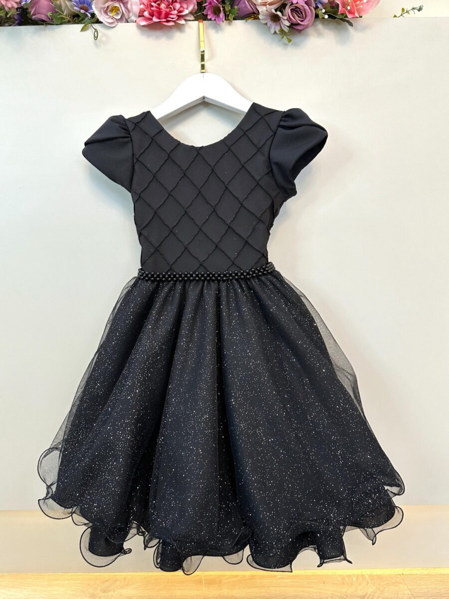 Vestido Infantil de Festa Preto Busto Nervura Daminha