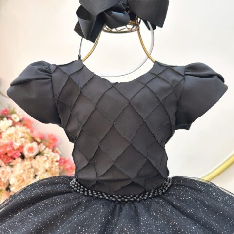 Vestido Infantil de Festa Preto Busto Nervura Daminha