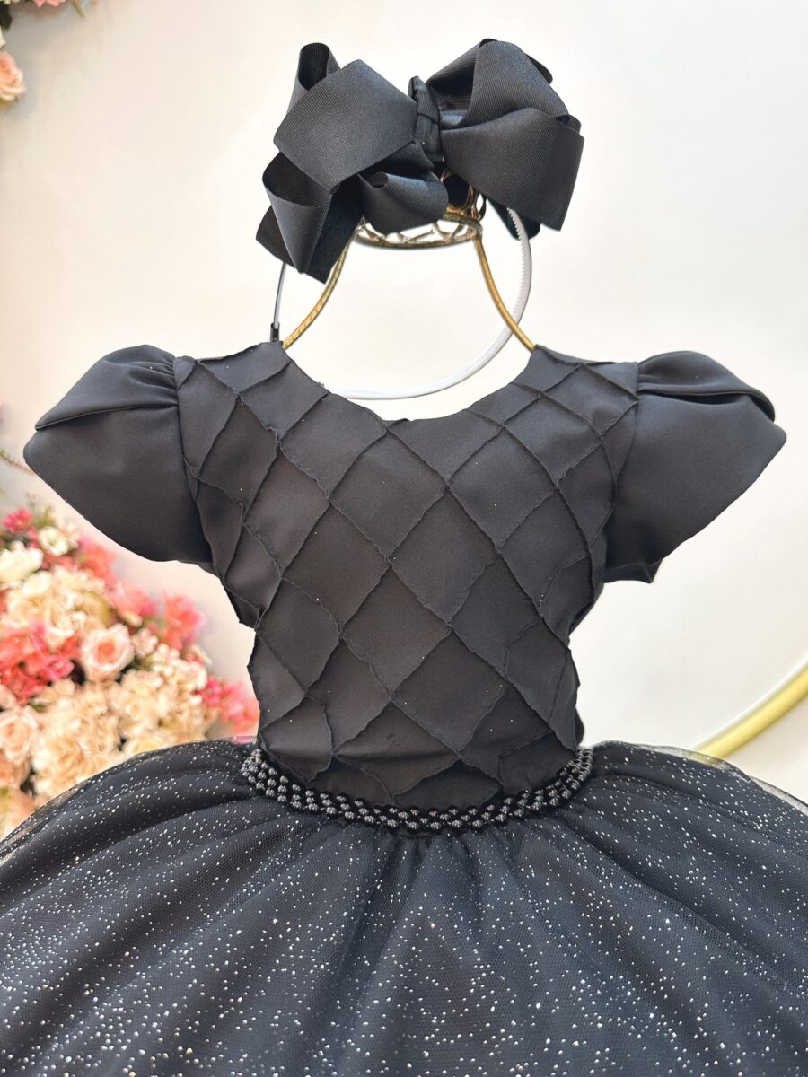 Vestido Infantil de Festa Preto Busto Nervura Daminha