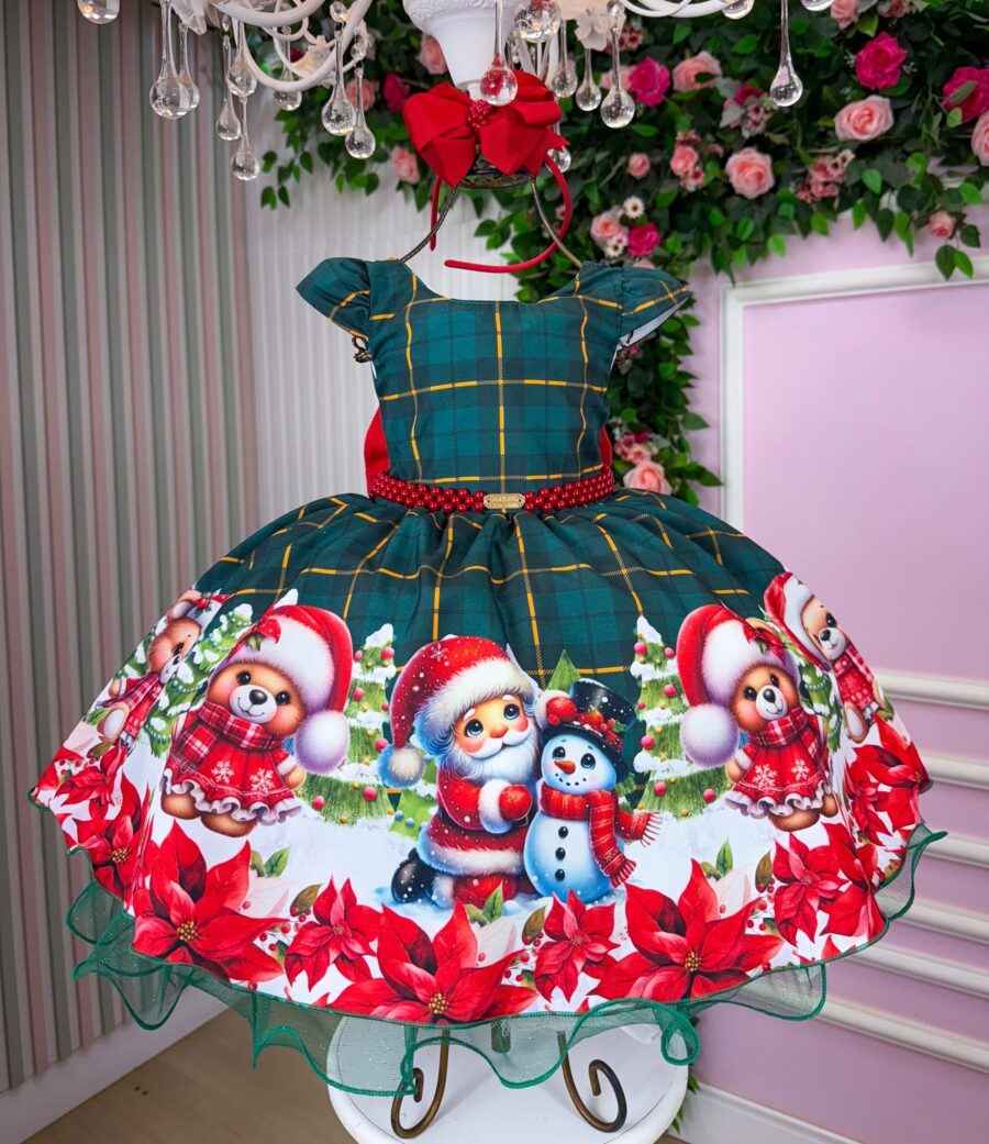 Vestido Infantil Natal Banana Club Brilho de Neve Verde