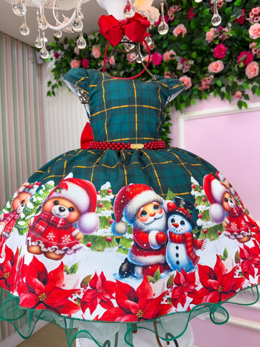 Vestido Infantil Natal Banana Club Brilho de Neve Verde