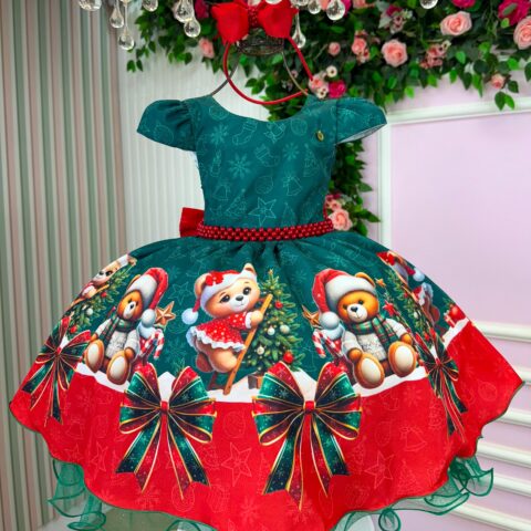 Vestido Infantil Natal Banana Club Teddy Natalino Verde
