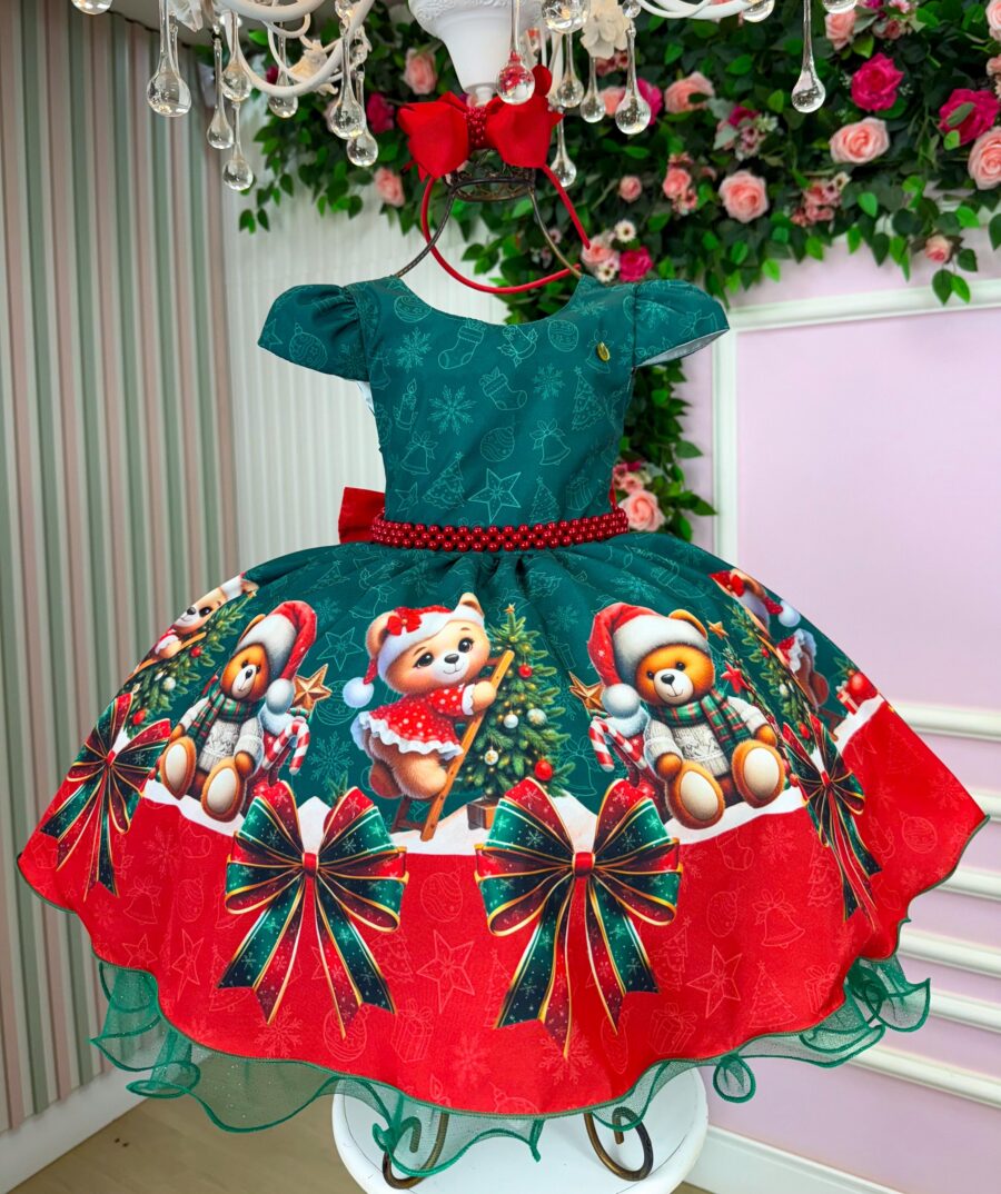 Vestido Infantil Natal Banana Club Teddy Natalino Verde