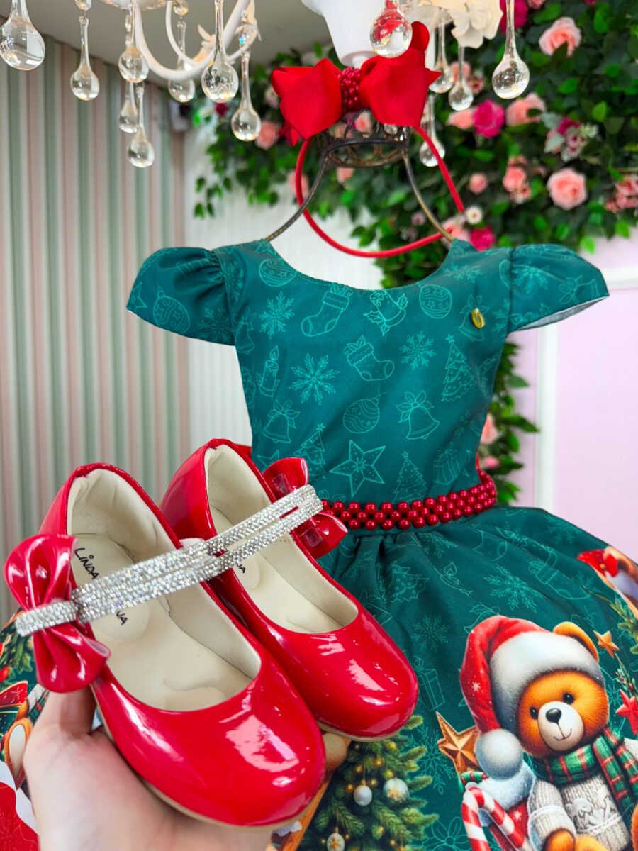 Vestido Infantil Natal Banana Club Teddy Natalino Verde