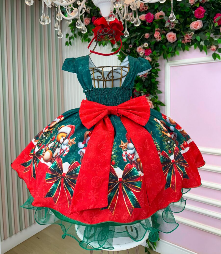 Vestido Infantil Natal Banana Club Teddy Natalino Verde