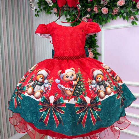 Vestido Infantil Natal Banana Club Teddy Natalino Vermelho