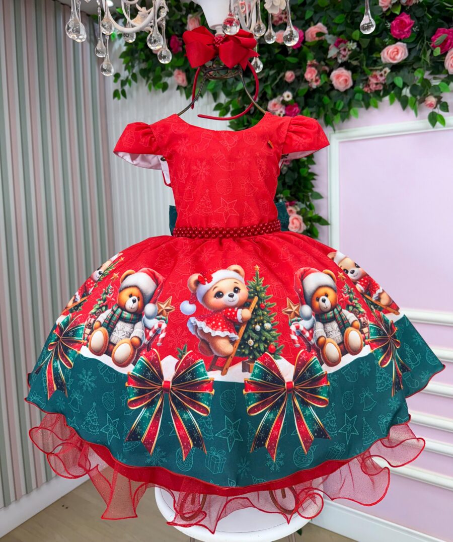 Vestido Infantil Natal Banana Club Teddy Natalino Vermelho