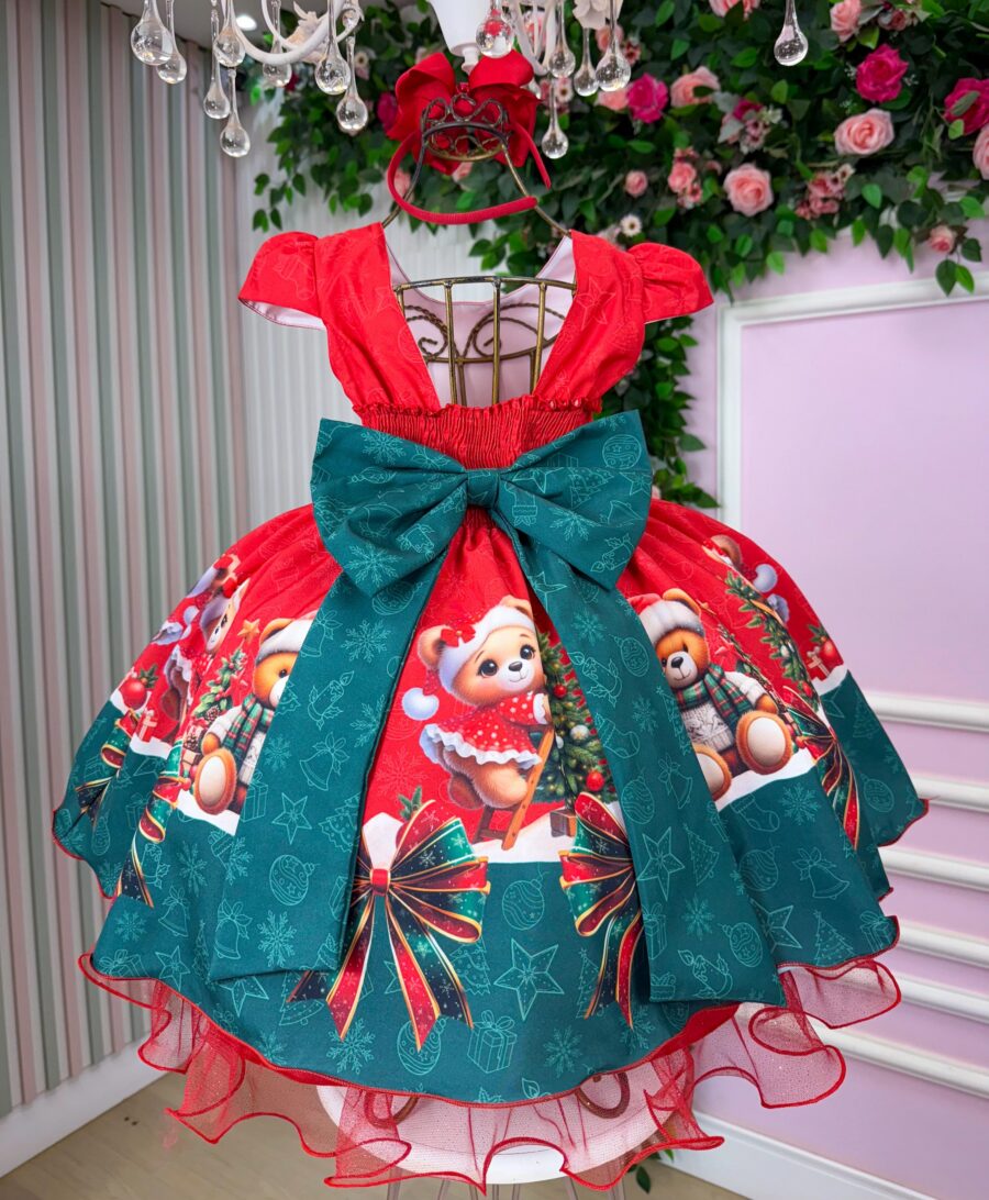 Vestido Infantil Natal Banana Club Teddy Natalino Vermelho