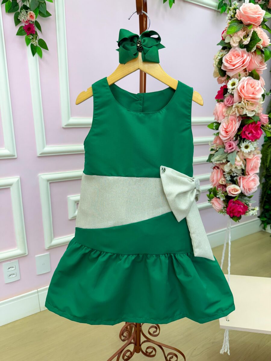 Vestido Infantil Blogueirinha Natal Rafa Verde Faixa Prata
