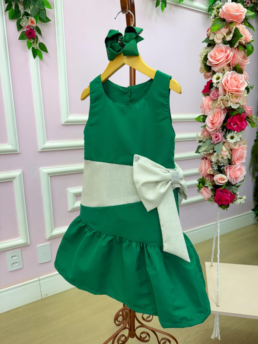 Vestido Infantil Blogueirinha Natal Rafa Verde Faixa Prata