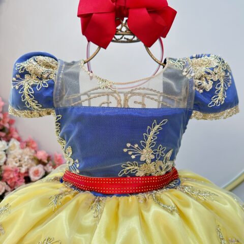 Vestido Fantasia Branca de Neve Infantil Renda Dourada