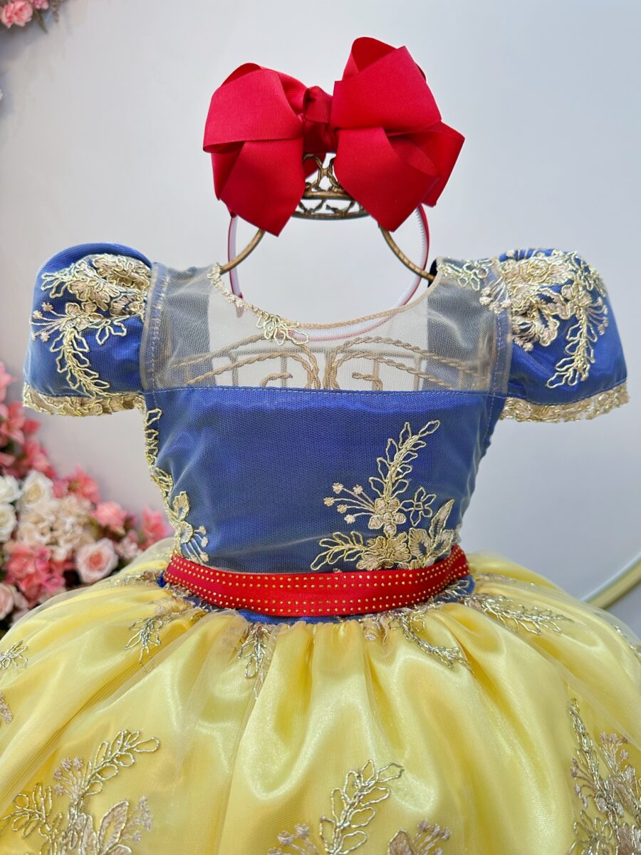 Vestido Fantasia Branca de Neve Infantil Renda Dourada