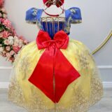 Vestido Fantasia Branca de Neve Infantil Renda Dourada