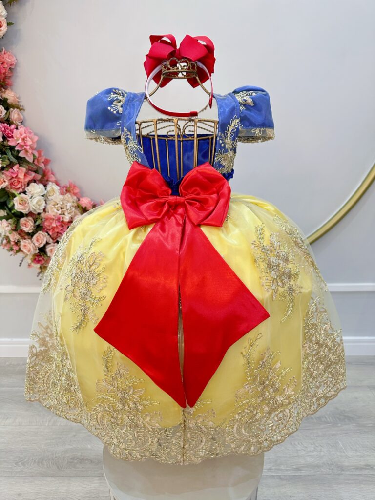 Vestido Fantasia Branca de Neve Infantil Renda Dourada
