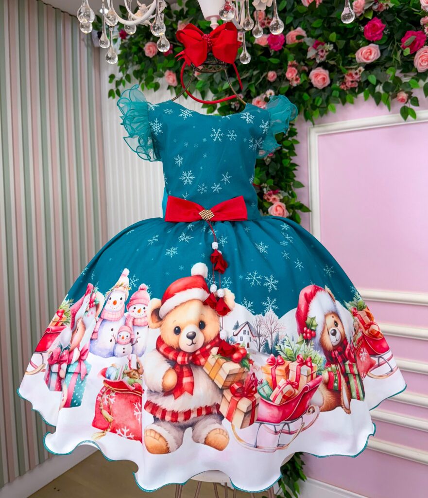 Vestido Infantil Marie Floco de Neve Verde Natal