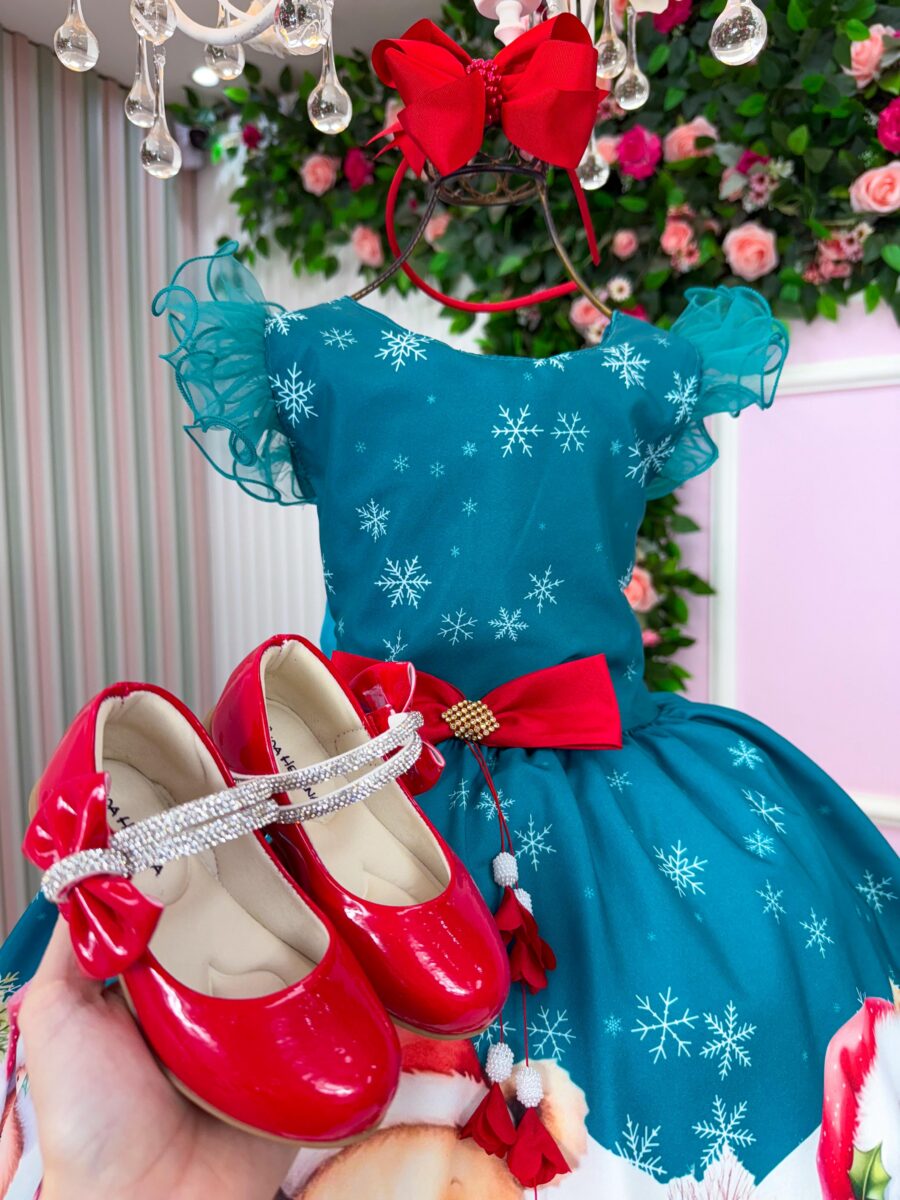 Vestido Infantil Marie Floco de Neve Verde Natal