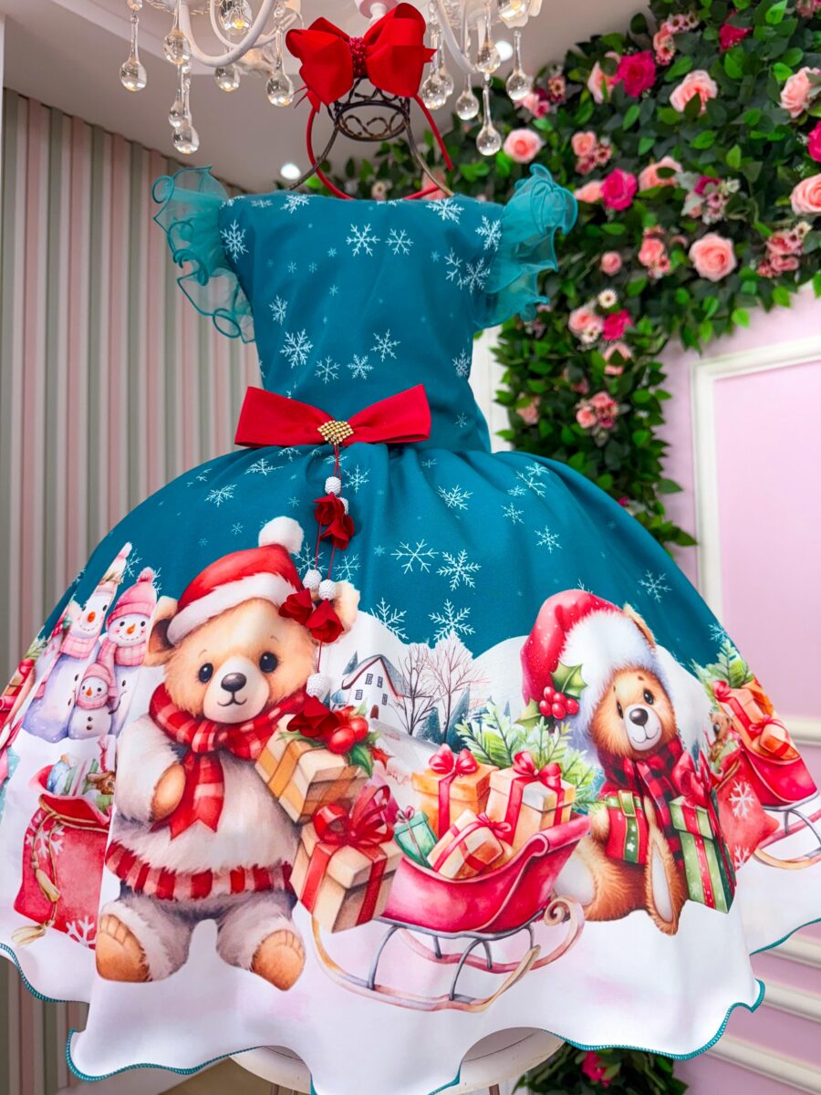 Vestido Infantil Marie Floco de Neve Verde Natal