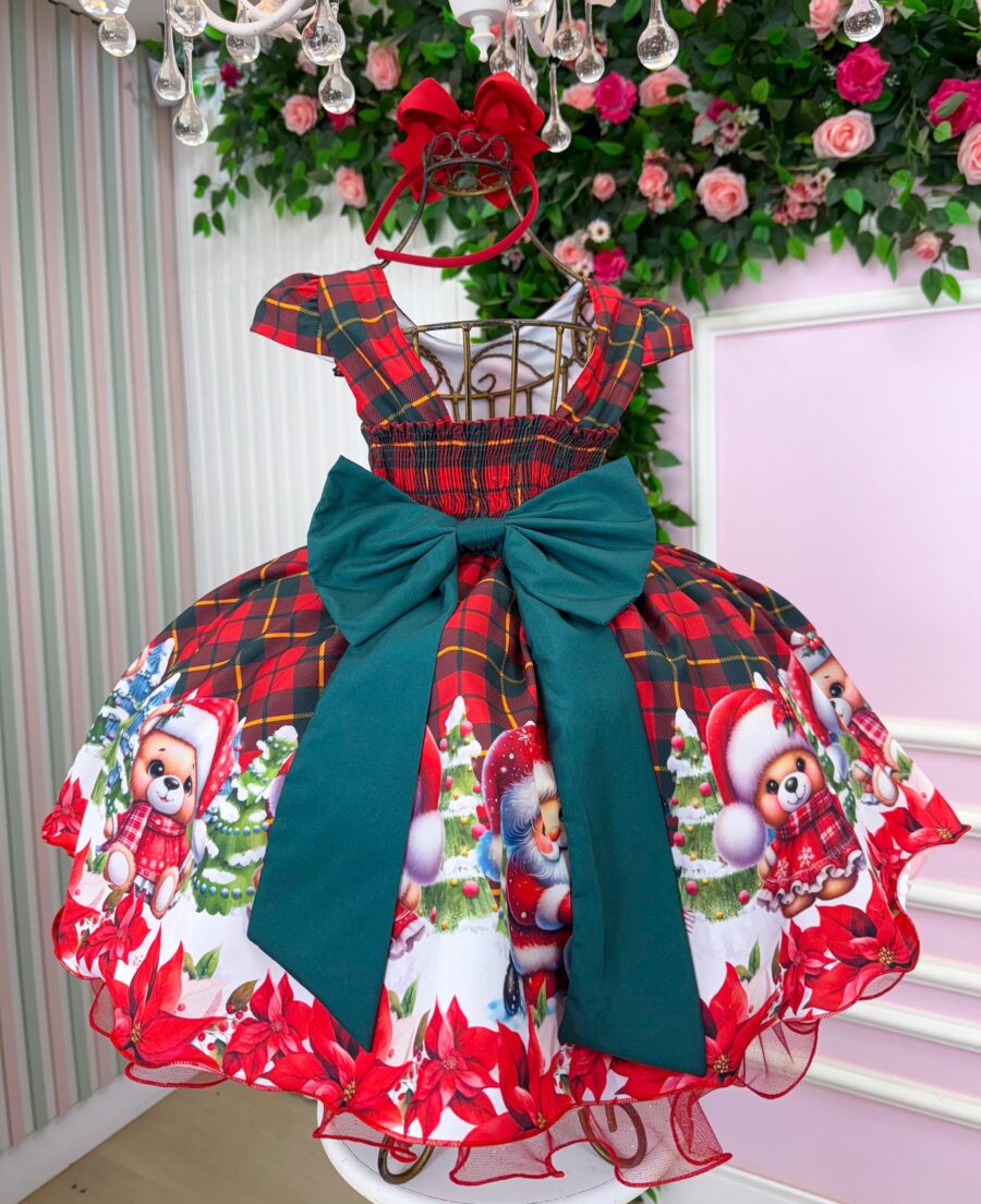 Vestido Infantil Natal Banana Club Ursinho Natalino Vermelho