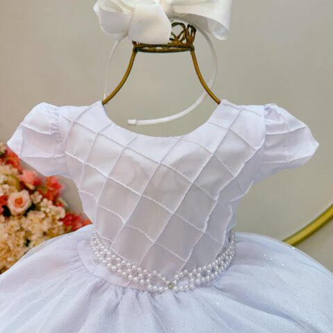 Vestido Infantil Branco Busto Nervura Daminha Festa