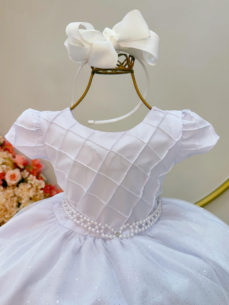 Vestido Infantil Branco Busto Nervura Daminha Festa