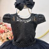 Vestido Infantil de Festa Preto com Renda e Pérolas