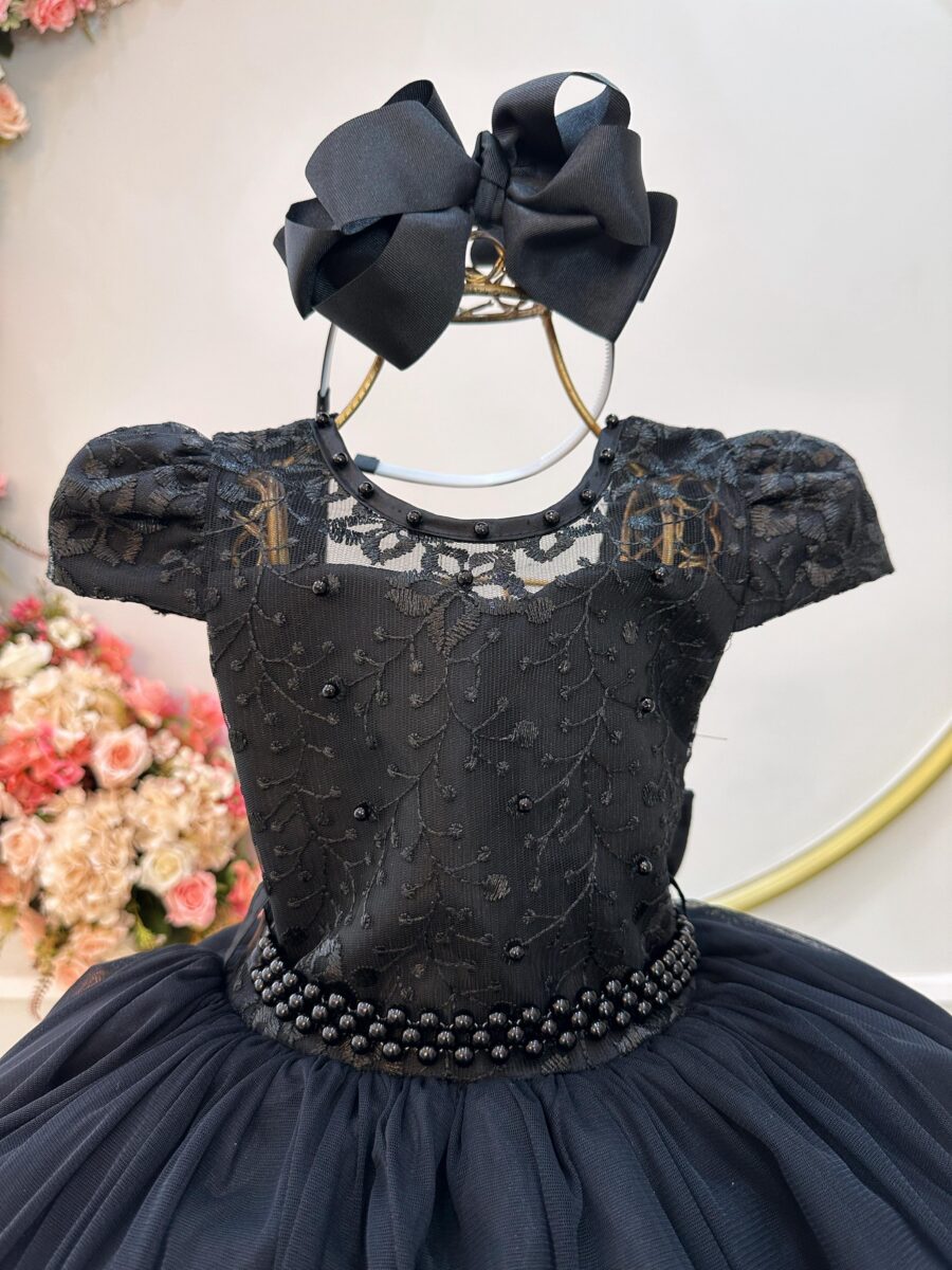 Vestido Infantil de Festa Preto com Renda e Pérolas