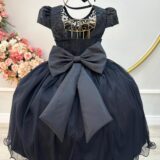 Vestido Infantil de Festa Preto com Renda e Pérolas