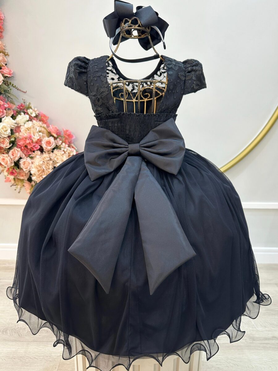 Vestido Infantil de Festa Preto com Renda e Pérolas