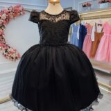 Vestido Infantil de Festa Preto com Renda e Pérolas