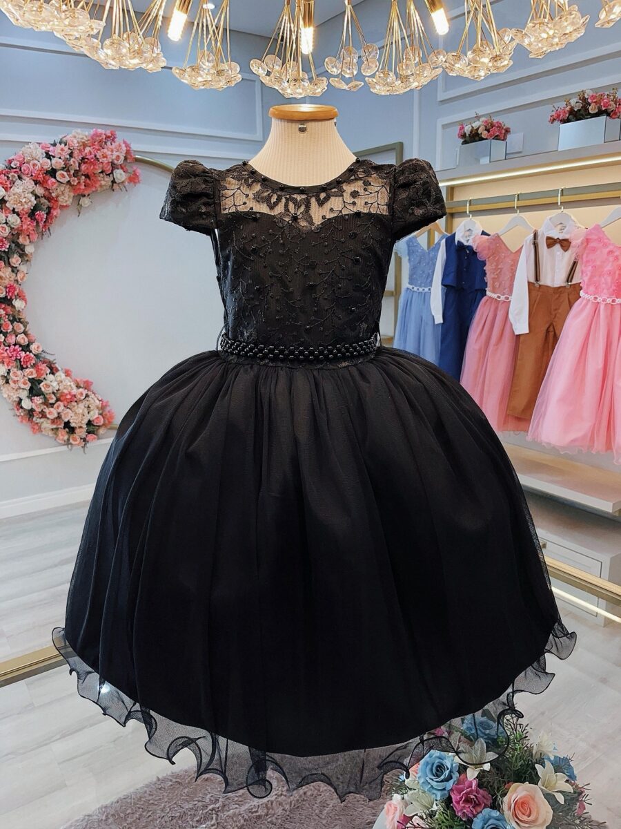 Vestido Infantil de Festa Preto com Renda e Pérolas