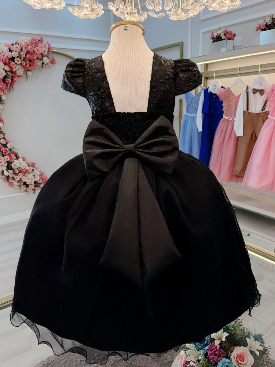 Vestido Infantil de Festa Preto com Renda e Pérolas