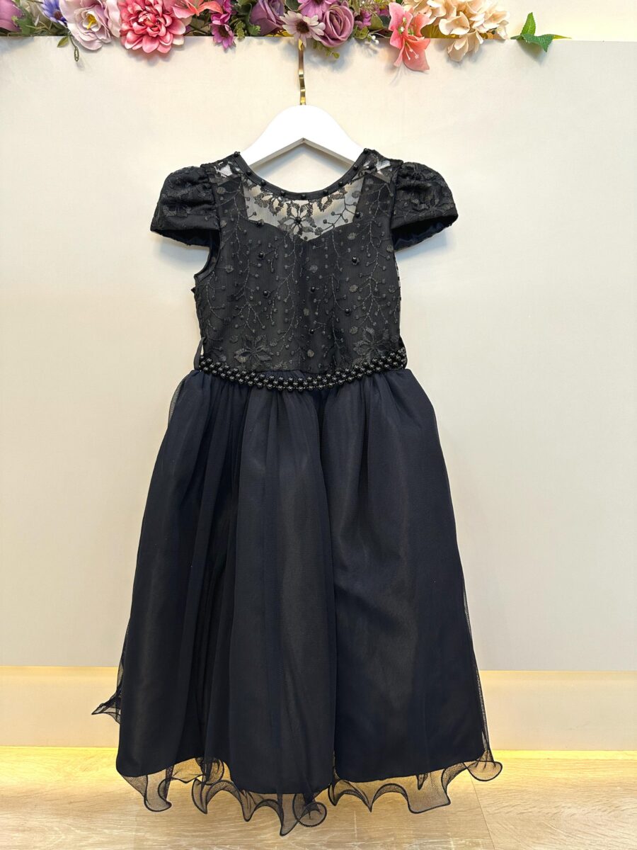 Vestido Infantil de Festa Preto com Renda e Pérolas