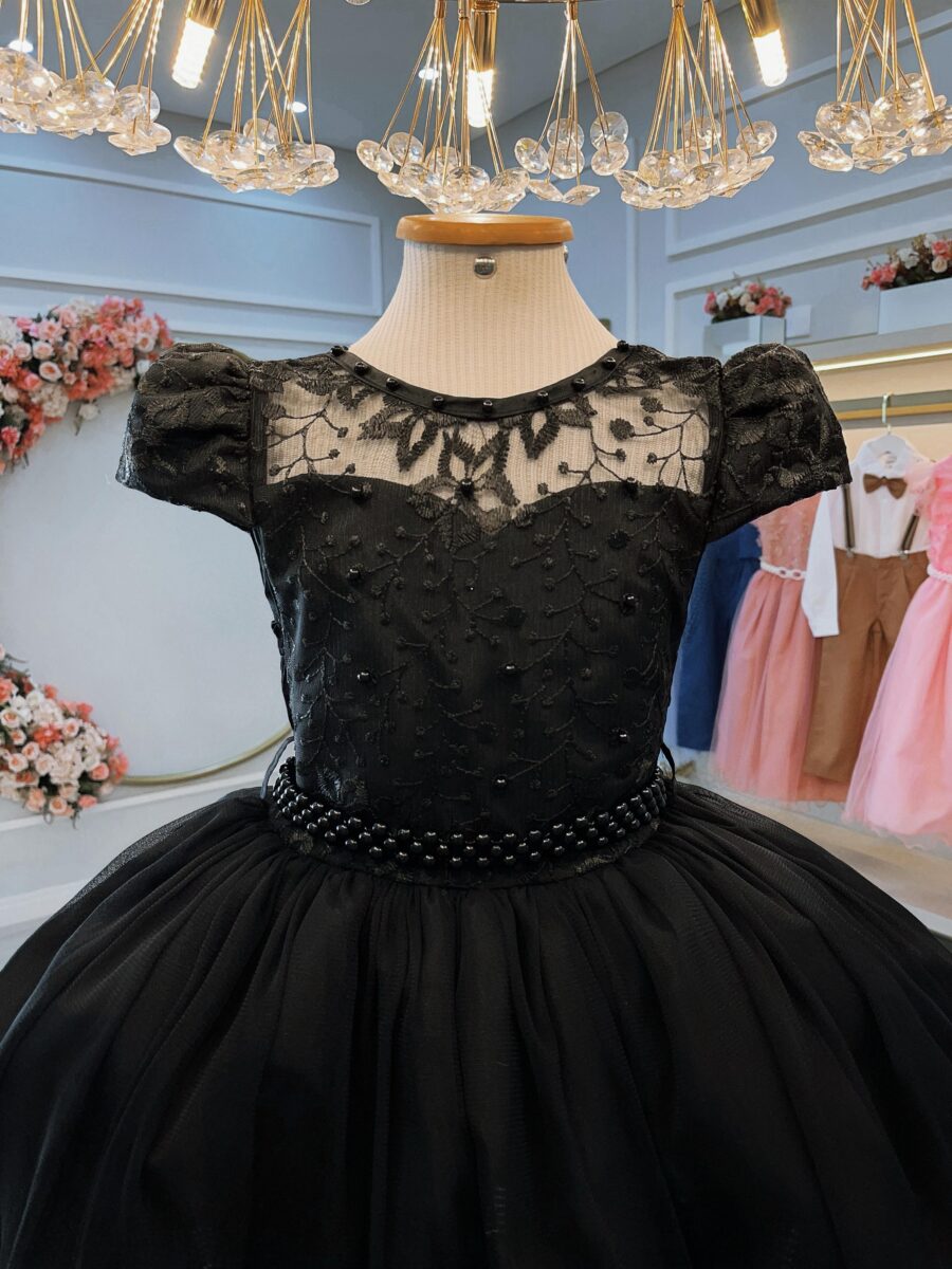 Vestido Infantil de Festa Preto com Renda e Pérolas