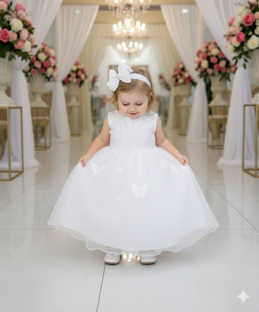 Vestido Infantil Marie Jardim das Borboletas Branco Viviane