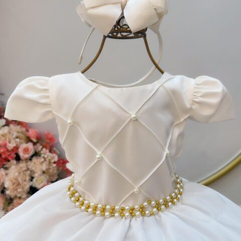 Vestido Infantil Off White Cinto de Pérolas Casamento
